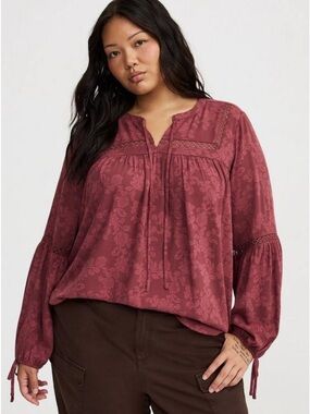 Torrid Crinkle Gauze Long Sleeve with Trim Insets Top